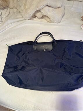 Longchamp Navy Nylon Foldable Travel Tote with Leather Trim